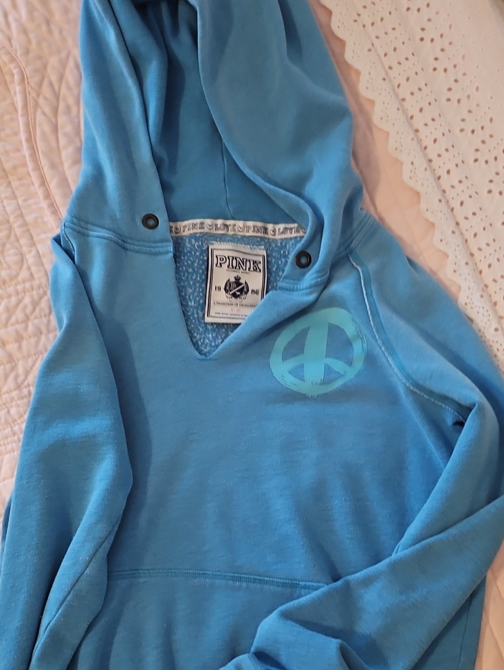 PINK Blue Peace Sign Hooded Sweatshirt